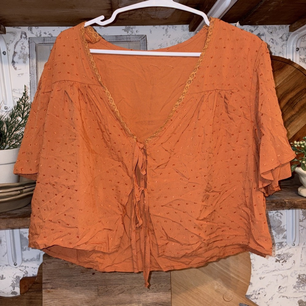 Women's Copper Fall Crop Top Tie Front Bohemian Lace Romantic Shirt XL